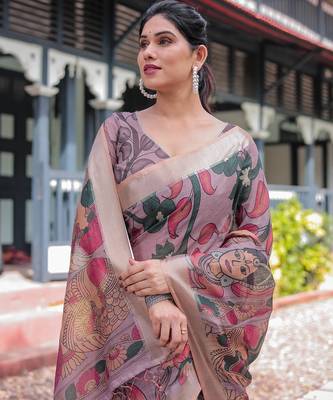 Linen handloom saree with digital floral print and tassels     festive wear 3