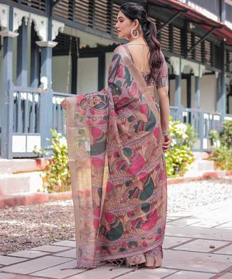 Linen handloom saree with digital floral print and tassels     festive wear 4