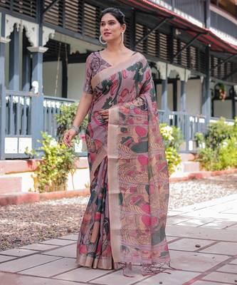 Linen handloom saree with digital floral print and tassels     festive wear 5