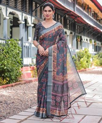 Pastel floral handloom linen saree with pallu tassels & blouse piece 1