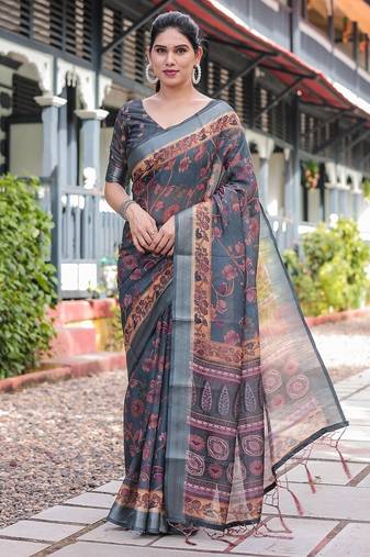 Pastel floral handloom linen saree with pallu tassels & blouse piece