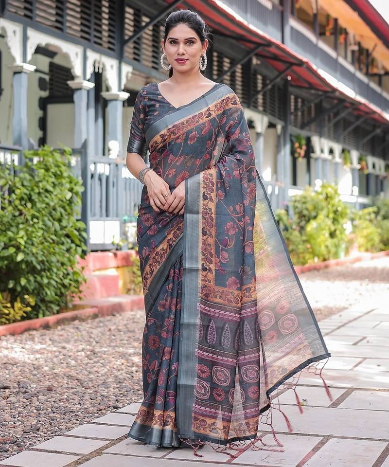 Pastel floral handloom linen saree with pallu tassels & blouse piece
