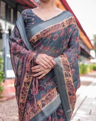 Pastel floral handloom linen saree with pallu tassels & blouse piece 2