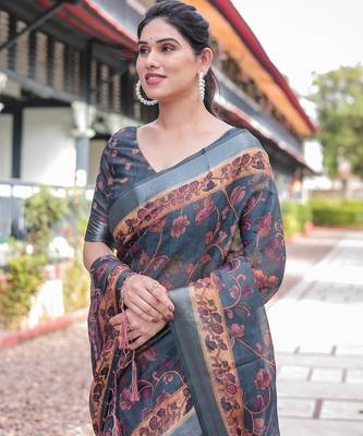 Pastel floral handloom linen saree with pallu tassels & blouse piece 3
