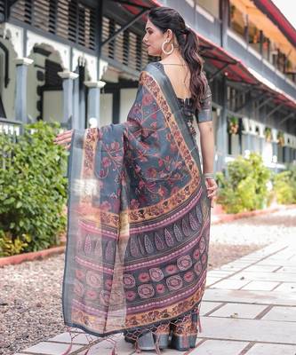 Pastel floral handloom linen saree with pallu tassels & blouse piece 4