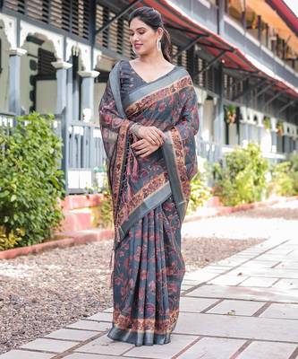 Pastel floral handloom linen saree with pallu tassels & blouse piece 5