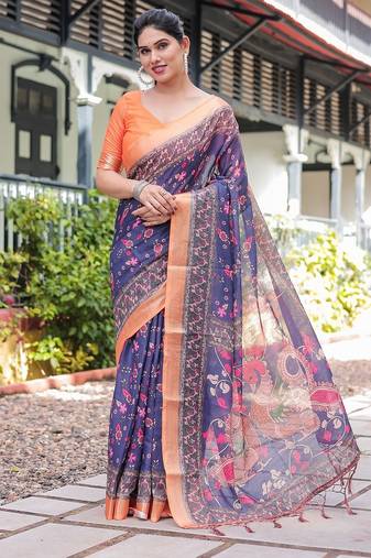 Ethnic handloom linen saree with colorful floral print and matching blouse