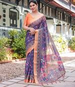 Ethnic handloom linen saree with colorful floral print and matching blouse