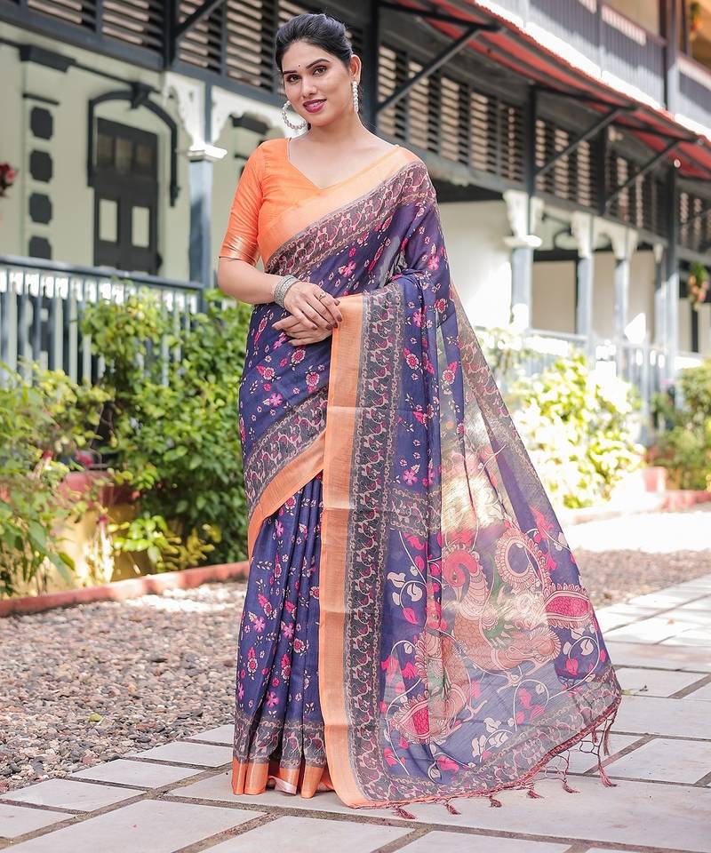 Ethnic handloom linen saree with colorful floral print and matching blouse