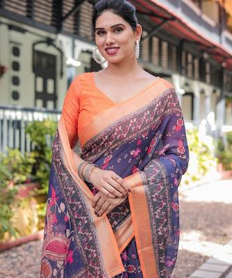 Ethnic handloom linen saree with colorful floral print and matching blouse 2