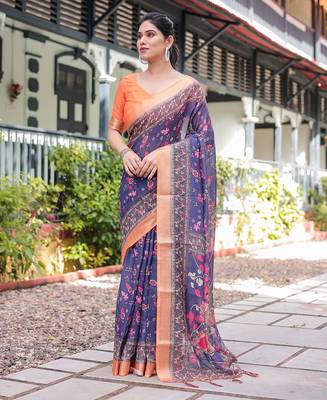 Ethnic handloom linen saree with colorful floral print and matching blouse 4