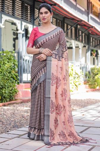 Linen cotton blend handloom saree with floral motif and tassel border
