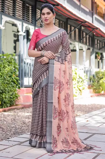 Linen cotton blend handloom saree with floral motif and tassel border