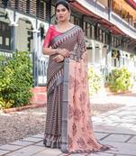 Linen cotton blend handloom saree with floral motif and tassel border