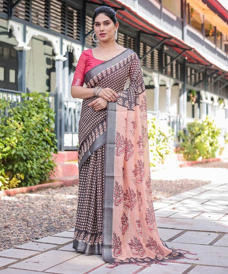 Linen cotton blend handloom saree with floral motif and tassel border