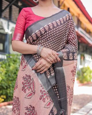 Linen cotton blend handloom saree with floral motif and tassel border 2