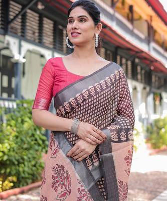 Linen cotton blend handloom saree with floral motif and tassel border 3
