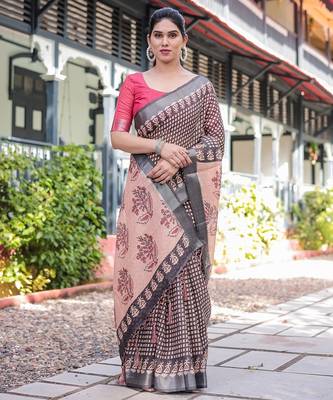 Linen cotton blend handloom saree with floral motif and tassel border 4