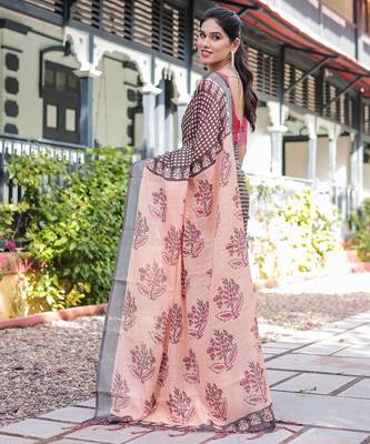 Linen cotton blend handloom saree with floral motif and tassel border 5