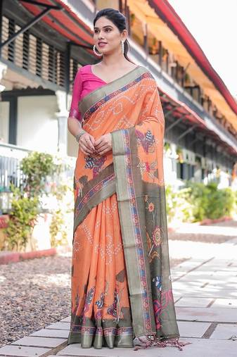 Women’s handloom linen saree – floral printed with attached blouse & tassels