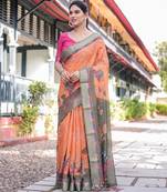 Women   s handloom linen saree     floral printed with attached blouse & tassels