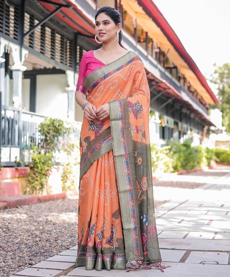 Women   s handloom linen saree     floral printed with attached blouse & tassels