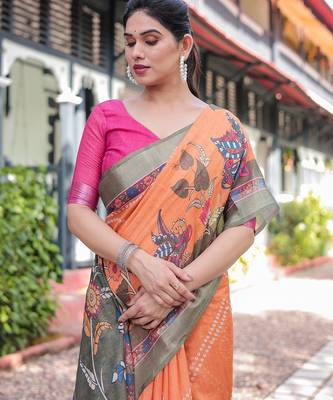 Women   s handloom linen saree     floral printed with attached blouse & tassels 2