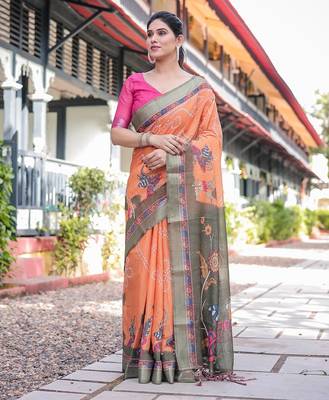 Women   s handloom linen saree     floral printed with attached blouse & tassels 4