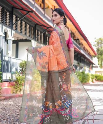 Women   s handloom linen saree     floral printed with attached blouse & tassels 5