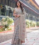 Printed floral handloom cotton saree with stylish tassel finish     ready to wear