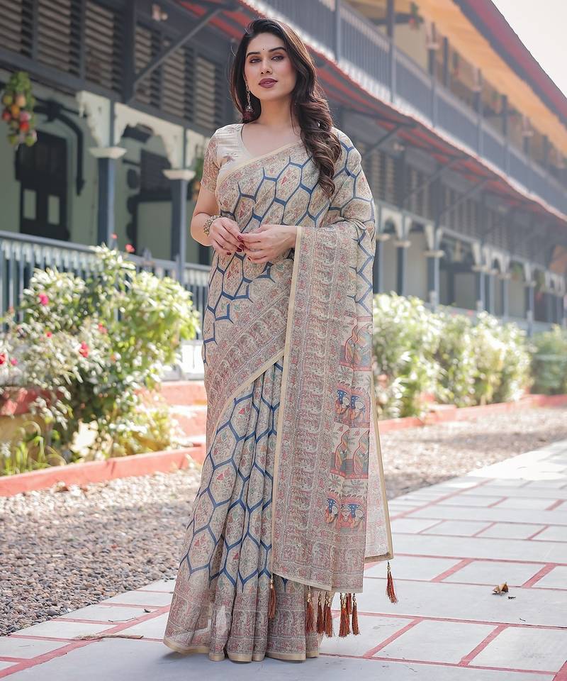 Printed floral handloom cotton saree with stylish tassel finish     ready to wear