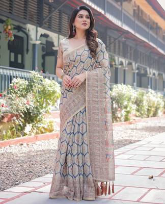 Printed floral handloom cotton saree with stylish tassel finish     ready to wear 2
