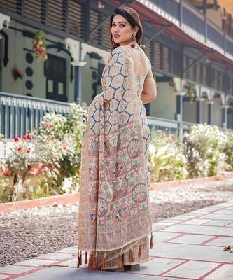 Printed floral handloom cotton saree with stylish tassel finish     ready to wear 3
