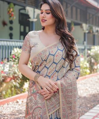 Printed floral handloom cotton saree with stylish tassel finish     ready to wear 4