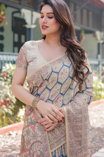 Printed floral handloom cotton saree with stylish tassel finish     ready to wear