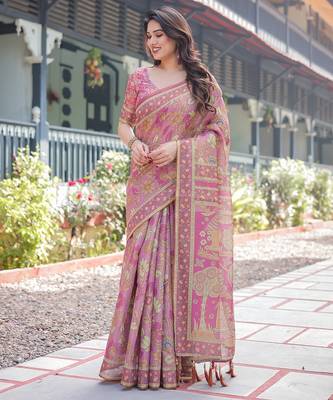 Graceful handloom cotton saree with artistic floral print & tassels 1
