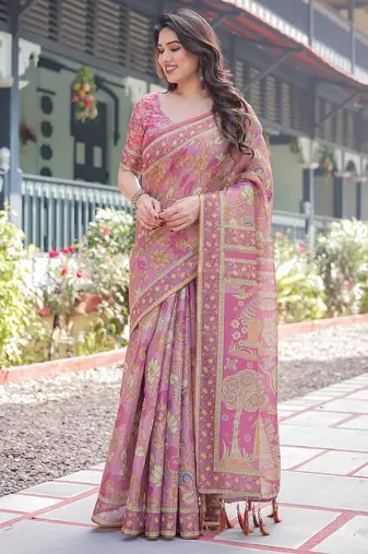 Graceful handloom cotton saree with artistic floral print & tassels