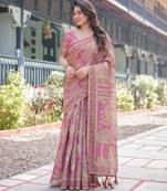 Graceful handloom cotton saree with artistic floral print & tassels