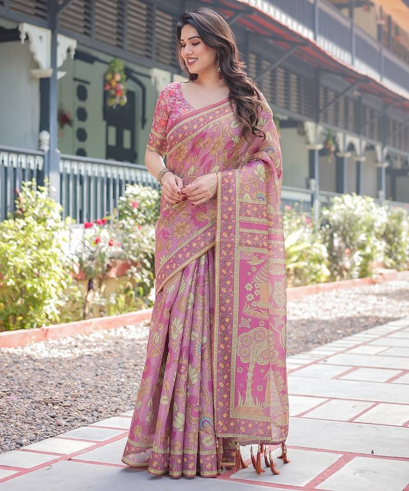 Graceful handloom cotton saree with artistic floral print & tassels
