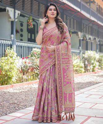 Graceful handloom cotton saree with artistic floral print & tassels 2