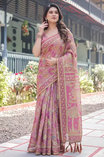 Graceful handloom cotton saree with artistic floral print & tassels