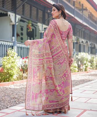 Graceful handloom cotton saree with artistic floral print & tassels 3