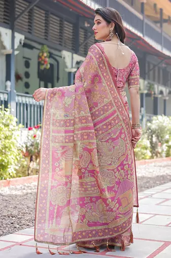 Graceful handloom cotton saree with artistic floral print & tassels