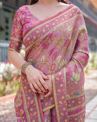 Graceful handloom cotton saree with artistic floral print & tassels 4