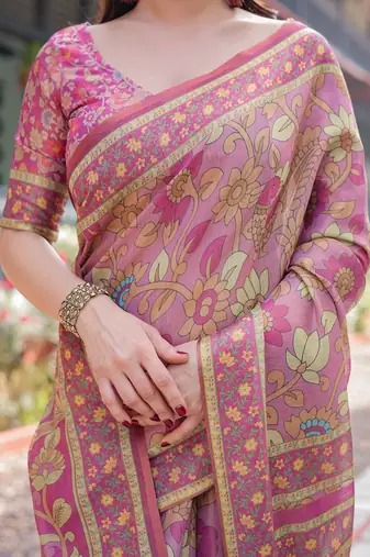 Graceful handloom cotton saree with artistic floral print & tassels