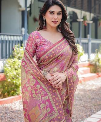 Graceful handloom cotton saree with artistic floral print & tassels 5