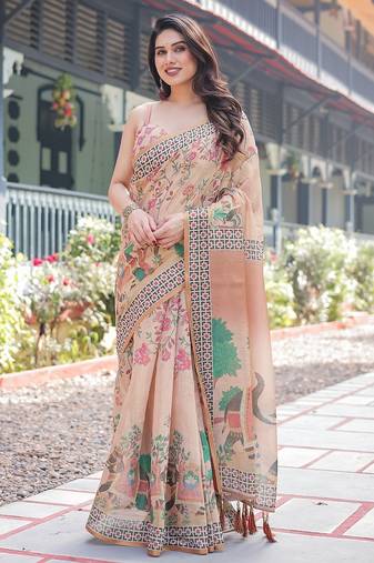 Designer floral print handloom cotton saree with tassel pallu & blouse