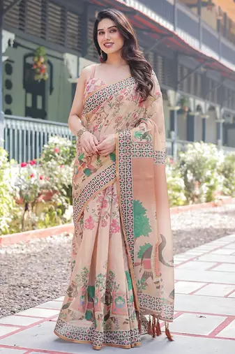 Designer floral print handloom cotton saree with tassel pallu & blouse