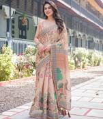Designer floral print handloom cotton saree with tassel pallu & blouse