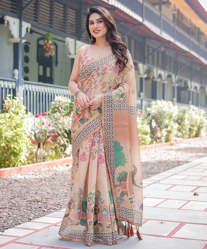 Designer floral print handloom cotton saree with tassel pallu & blouse